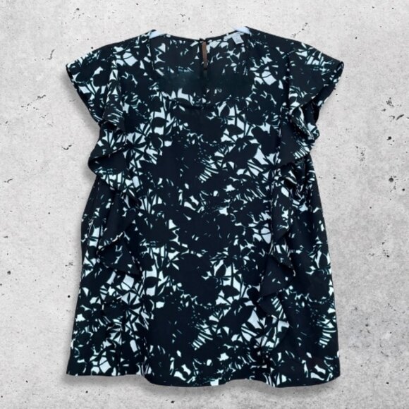 Halogen Floral Blouse Ruffle Sleeves Keyhole Back Closure Black White‎ Women's S - Picture 1 of 8